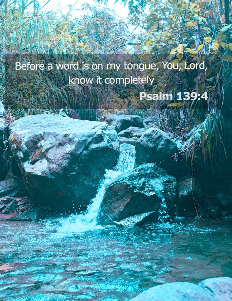 Bible verse Psalm 139:4 written over a peaceful waterfall stream with a serene, quiet atmosphere — symbolizing God’s understanding even in silence.