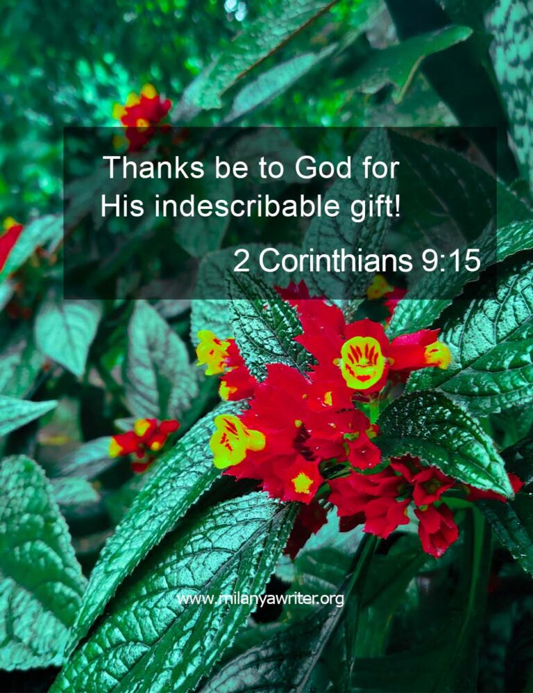 Bible verse 2 Corinthians 9:15 displayed on a serene background of a beautiful flowers. The text reads: ‘Thanks be to God for His indescribable gift.’ Inspirational Christian design for daily gratitude, thanksgiving, and faith reflection