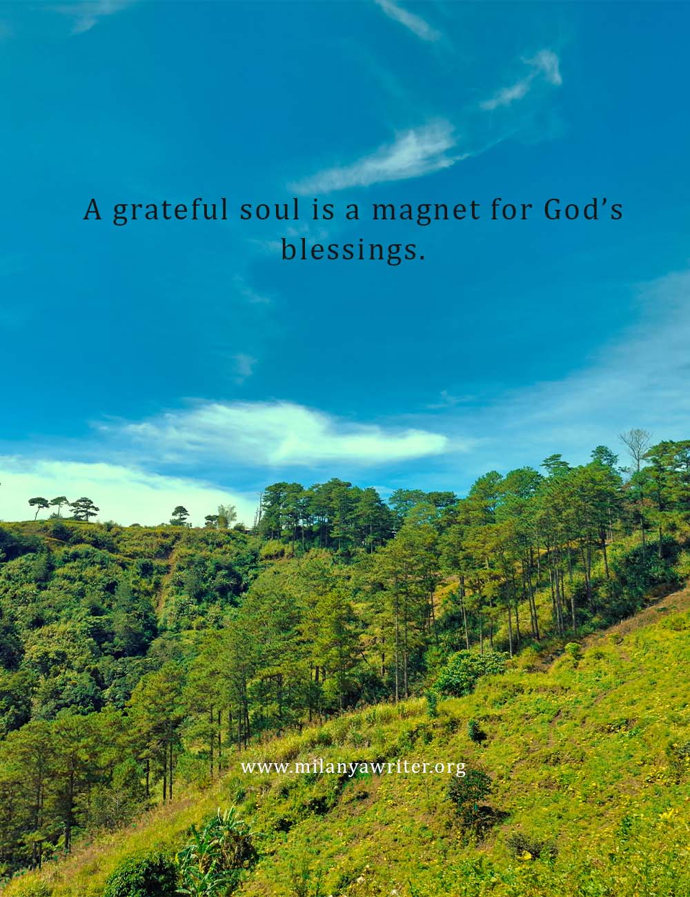 Inspirational Christian quote “A Grateful Soul is a Magnet for God’s Blessings” written over a clear blue sky with trees background.