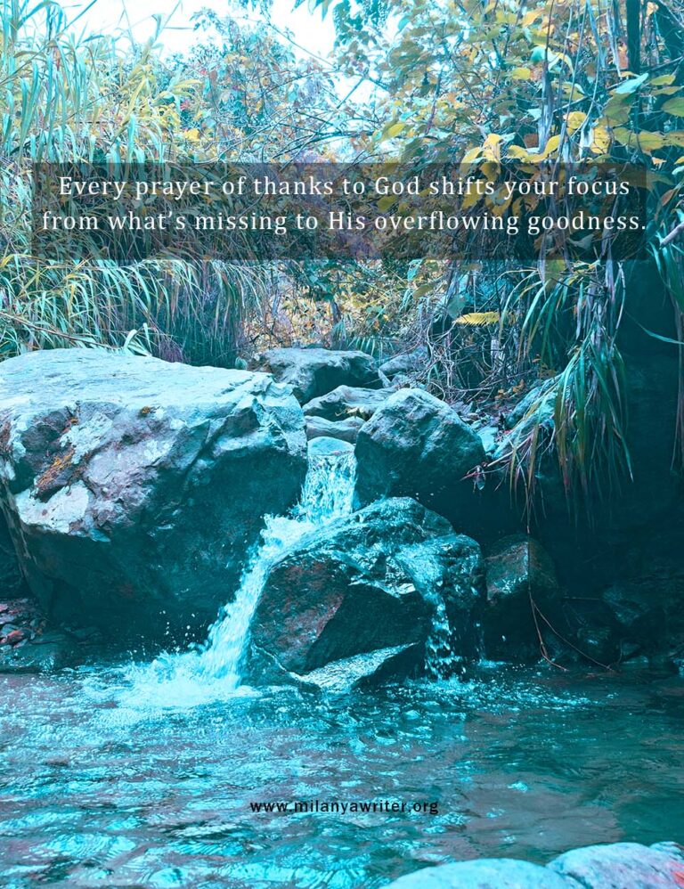 : “Flowing water over rocks with soft light — symbolizing God’s overflowing goodness and gratitude in prayer”