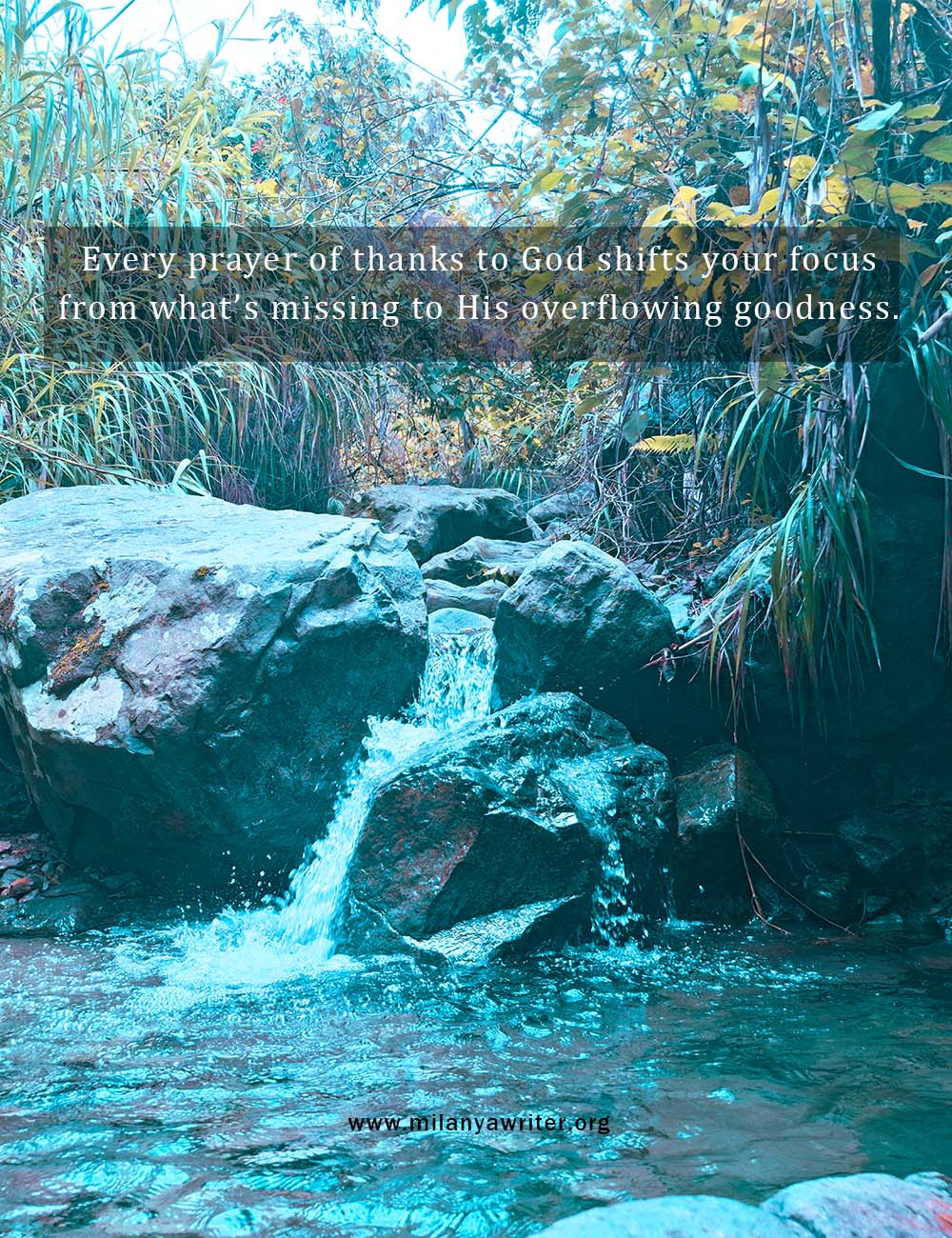 : “Flowing water over rocks with soft light — symbolizing God’s overflowing goodness and gratitude in prayer”