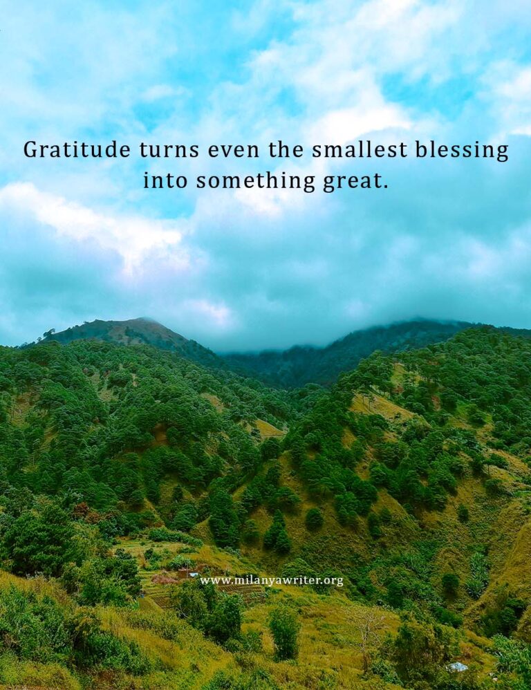 Gratitude turns even the smallest blessing into something great – Christian gratitude quote with mountain and pine trees background.