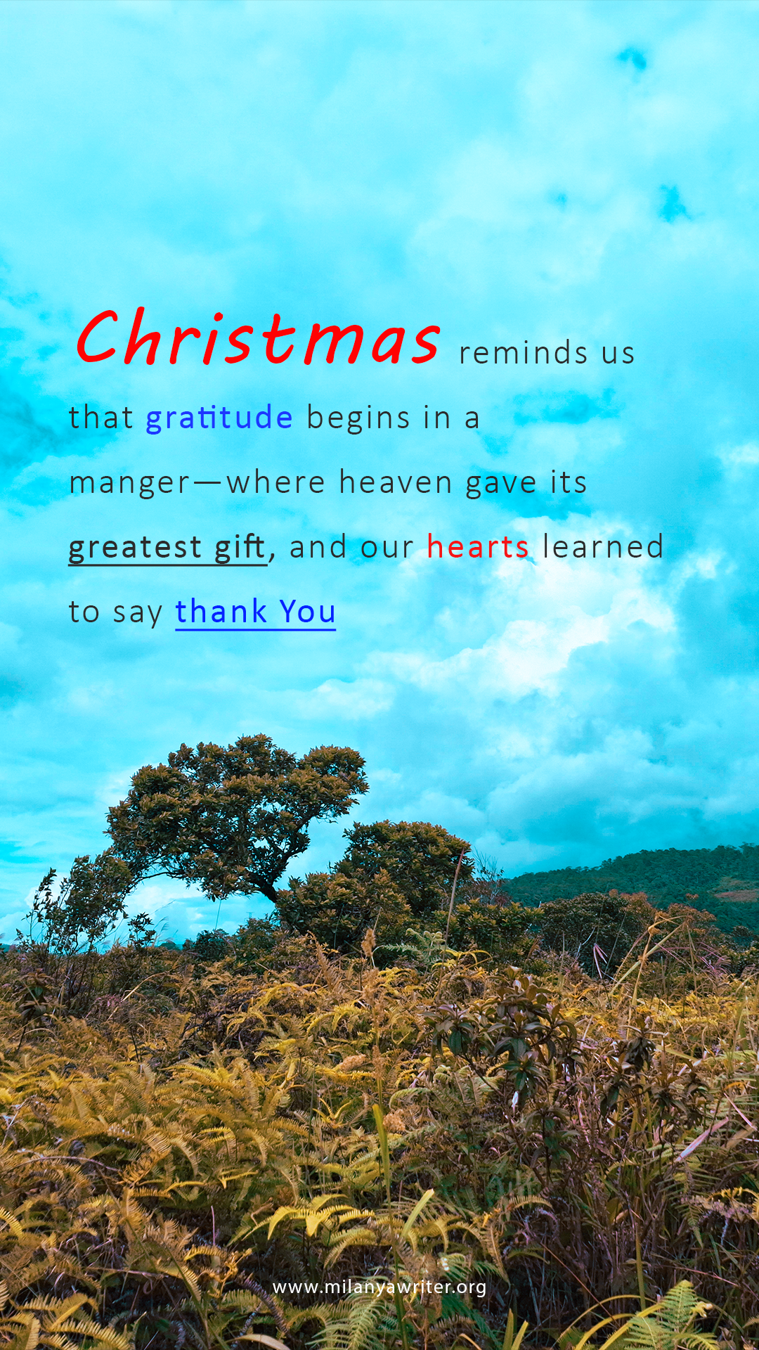 Christmas gratitude quote written on a beautiful mountain background with a tree, leaves, and clear blue sky, symbolizing writing gratitude to God