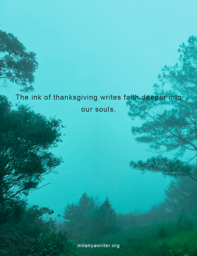 Handwritten gratitude quote on a foggy mountain background symbolizing faith, thanksgiving to God, and spiritual journaling