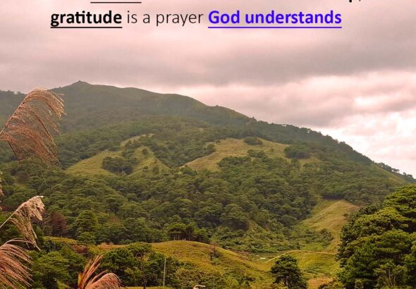 Handwritten spiritual quote saying “No matter where we stand on the map, gratitude is a prayer God understands” on a mountain background representing gratitude journaling and prayer to God
